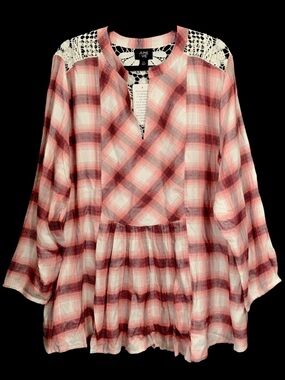 June + Vie Plaid Plaid Crochet Lace Embellished Tunic